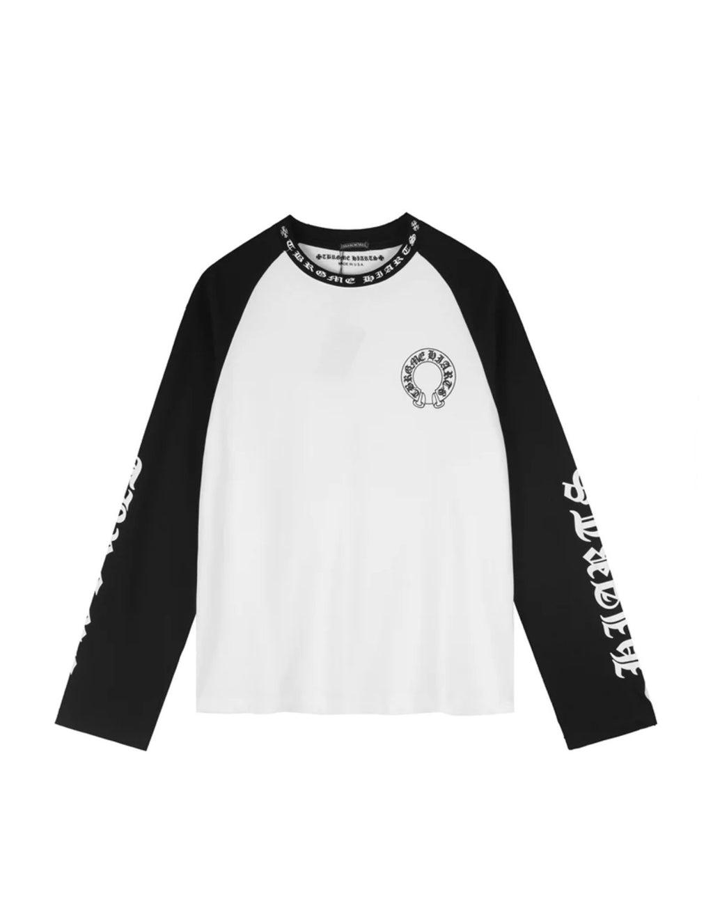 A long-sleeve raglan t-shirt with a white body and black sleeves, featuring a circular graphic on the left chest and vertical text graphics on both sleeves.
